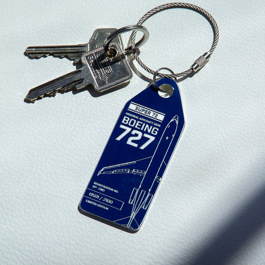 Aviationtag Boeing 727 Edition VP-CMO  Super 72 Blue aircraft tag on key chain