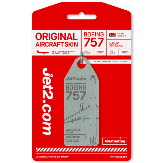Jet2 silver-grey Aviationtag tag with engraved aircraft registration G-LSAI from former Jet2 Boeing 757