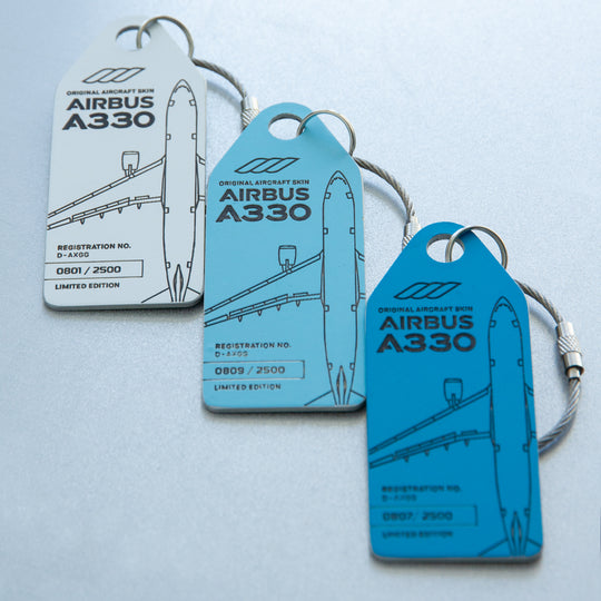 Aviationtag Airbus A330 D-AXGG Eurowings and Turkish Airlines Edition - Mood Photo of three different colors of  aircraft tag without cardboard