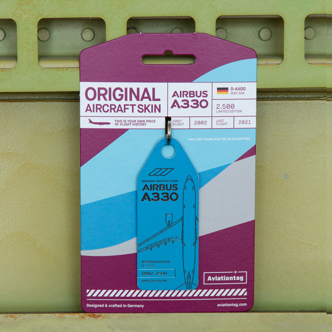 Aviationtag Airbus A330 D-AXGG Eurowings and Turkish Airlines Edition - Mood Photo of blue aircraft tag with cardboard on an aircraft panel