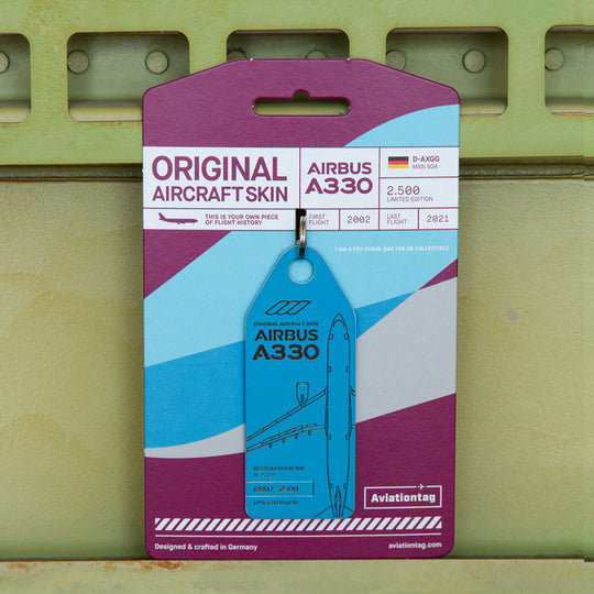 Aviationtag Airbus A330 D-AXGG Eurowings and Turkish Airlines Edition - Mood Photo of blue aircraft tag with cardboard on an aircraft panel