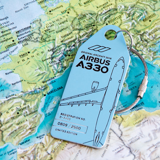 Aviationtag Airbus A330 D-AXGG Eurowings and Turkish Airlines Edition - Mood Photo of the light blue variation aircraft tag  on a map of Europe