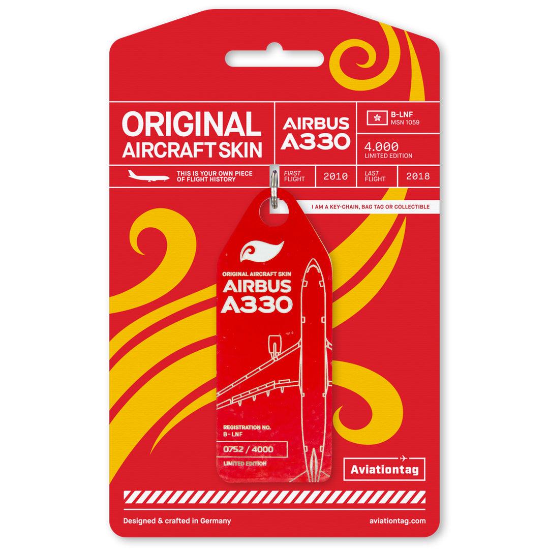 Aviationtag made from original aircraft skin of Airbus A330-223 B-LNF (Hong Kong Airlines); limited edition aviation red aircraft tag with engraved serial number.