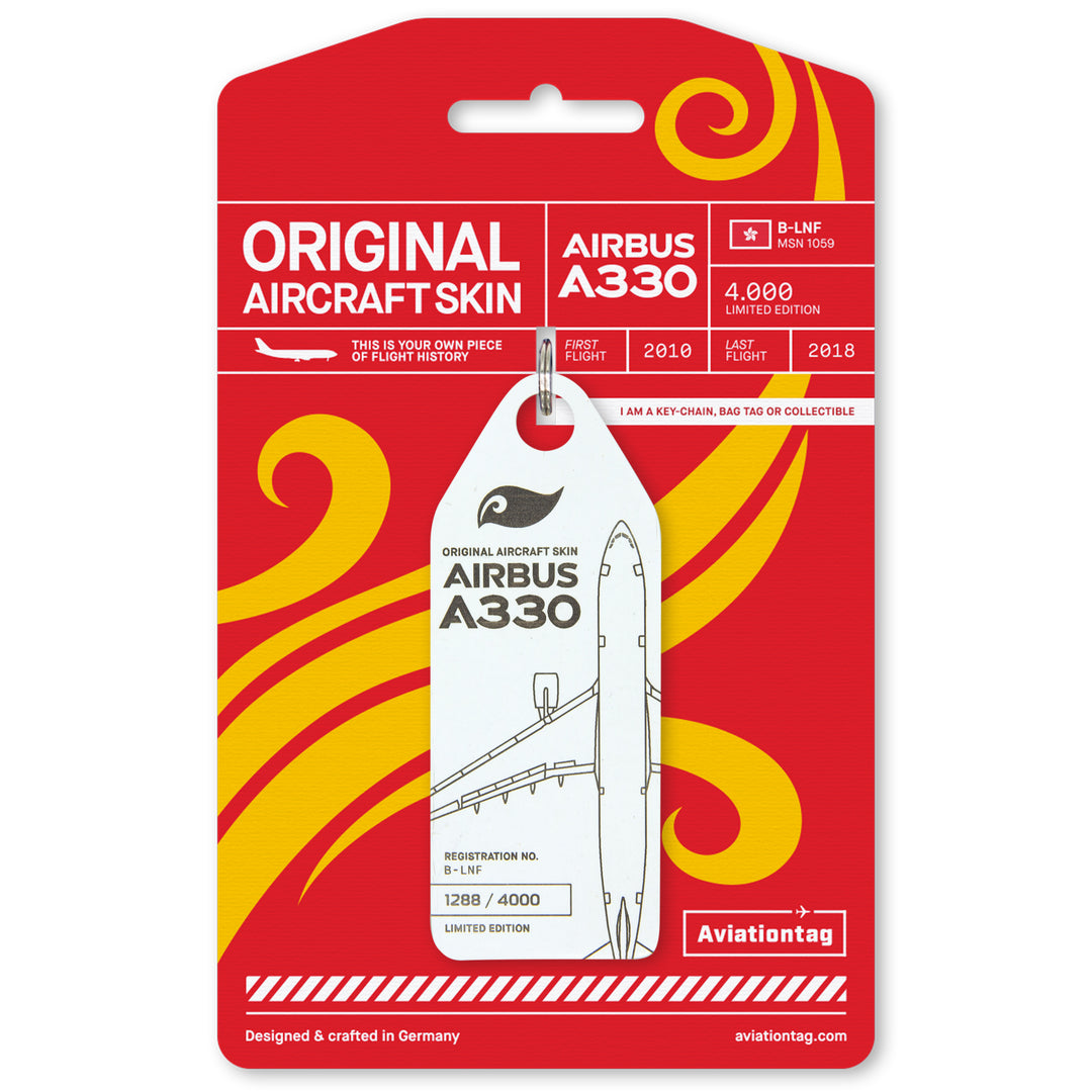 Hong Kong Airlines A330 B-LNF Aviationtag white on product card; real plane tag from original aircraft skin, collector piece, limited edition.