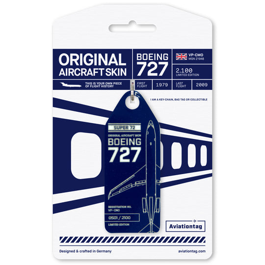 Aviationtag Boeing 727 Edition VP-CMO  Super 72 Blue aircraft tag with cardboard