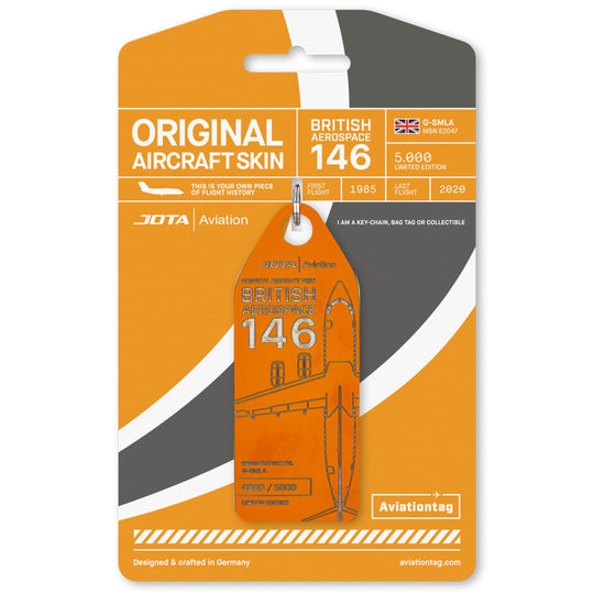 Jota Aviation BAe 146 G-SMLA Orange Plane Tag with cardboard