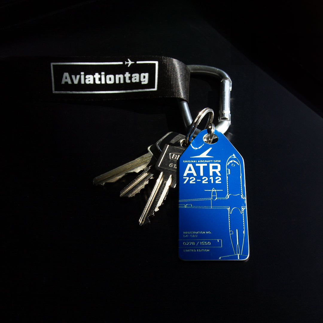 Aviationtag ATR 72 D4-CBU aircraft tag Edition TACV Cabo Verde Airlines - Mood photo dark blue tag on key chain