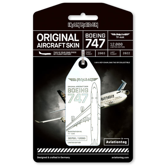 Aviationtag x Iron Maiden Ed Force One Edition Boeing 747 TF-AAK Aircraft Tag - White tag with cardboard