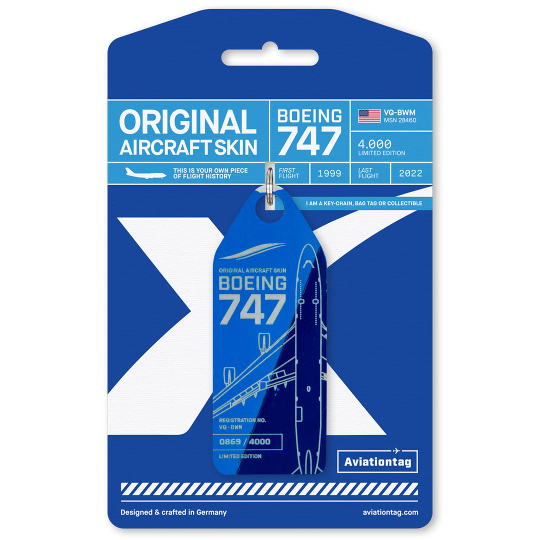 Aviationtag Boeing 747 VQ-BWM / PH-BFV Edition aircraft tags - Dark blue / light blue plane tag on packaging