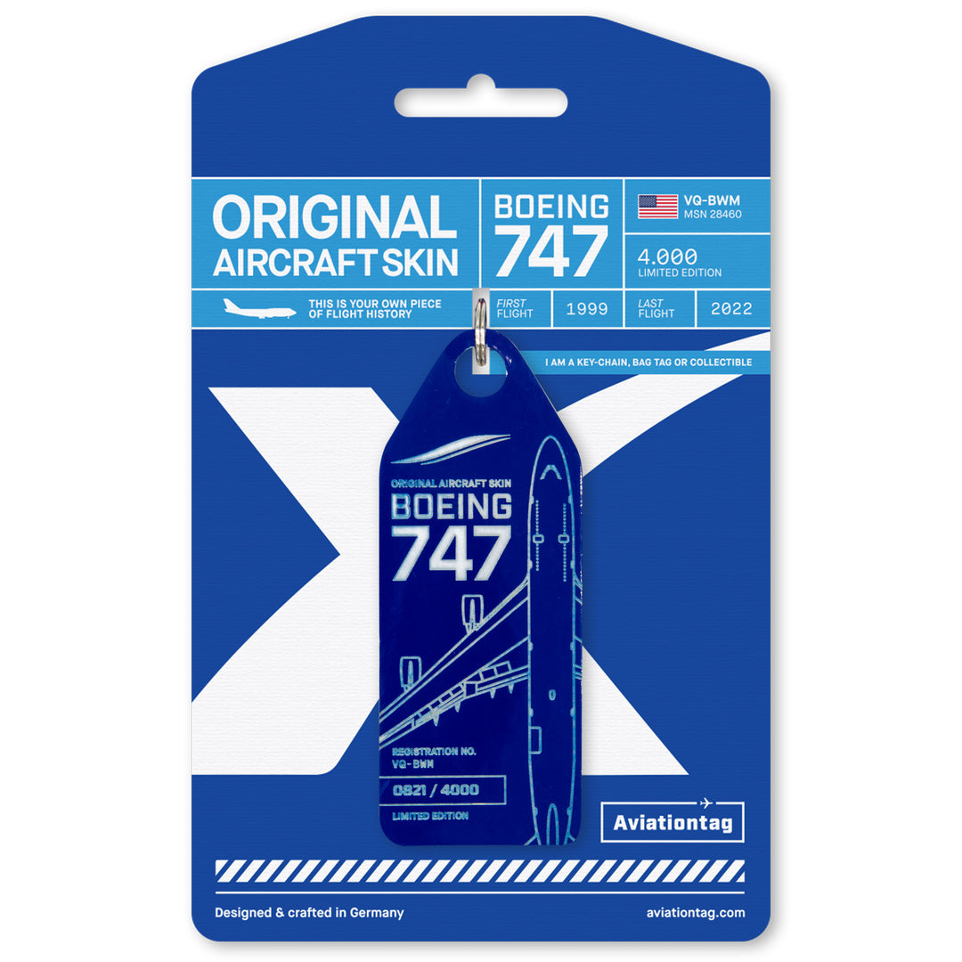 Aviationtag Boeing 747 VQ-BWM / PH-BFV Edition ex KLM and ex JetOneX aircraft tags - Dark blue plane tag on packaging
