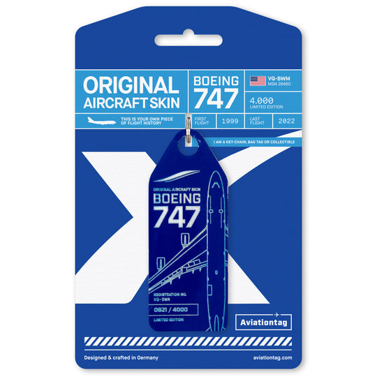 Aviationtag Boeing 747 VQ-BWM / PH-BFV Edition ex KLM and ex JetOneX aircraft tags - Dark blue plane tag on packaging