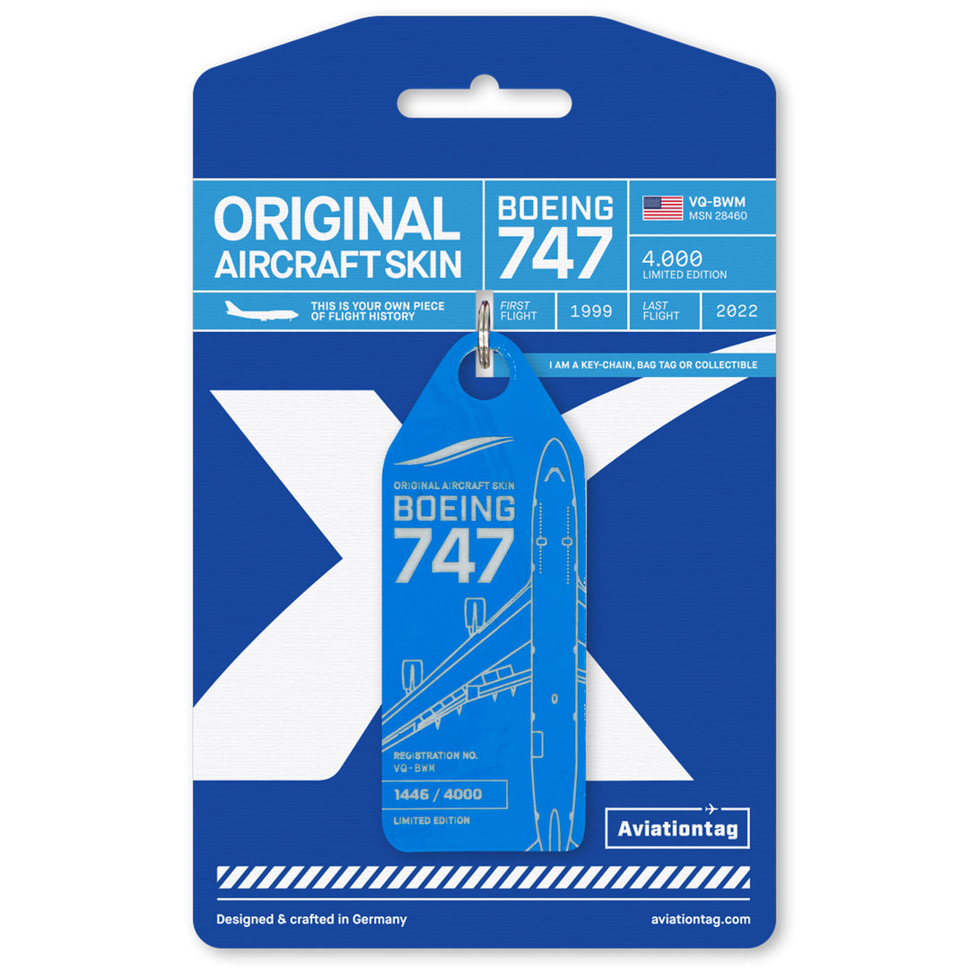 Aviationtag Boeing 747 VQ-BWM / PH-BFV Edition aircraft tags - Light blue plane tag on packaging