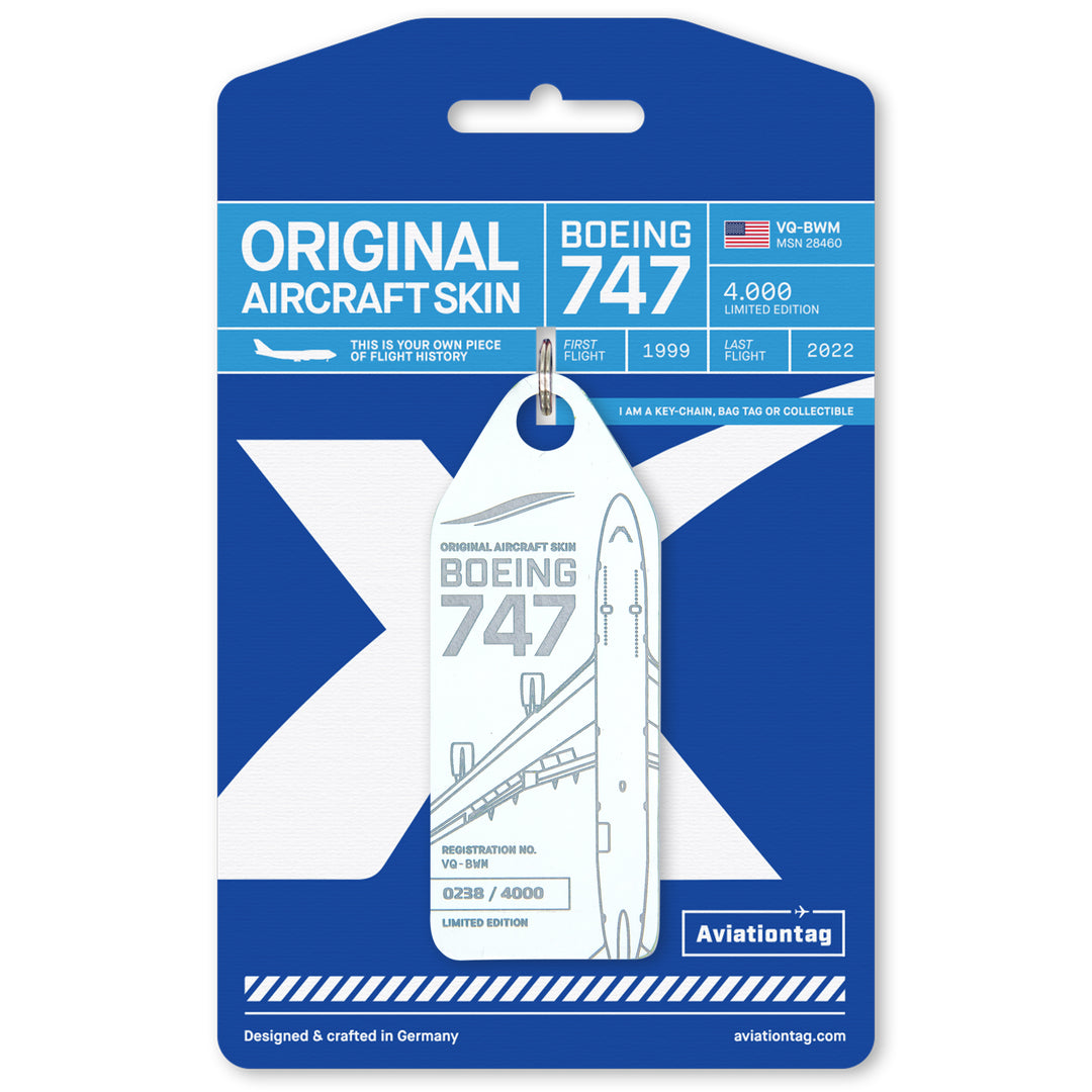 Aviationtag Boeing 747 VQ-BWM / PH-BFV Edition aircraft tags ex KLM and ex JetOneX- White plane tag on packaging