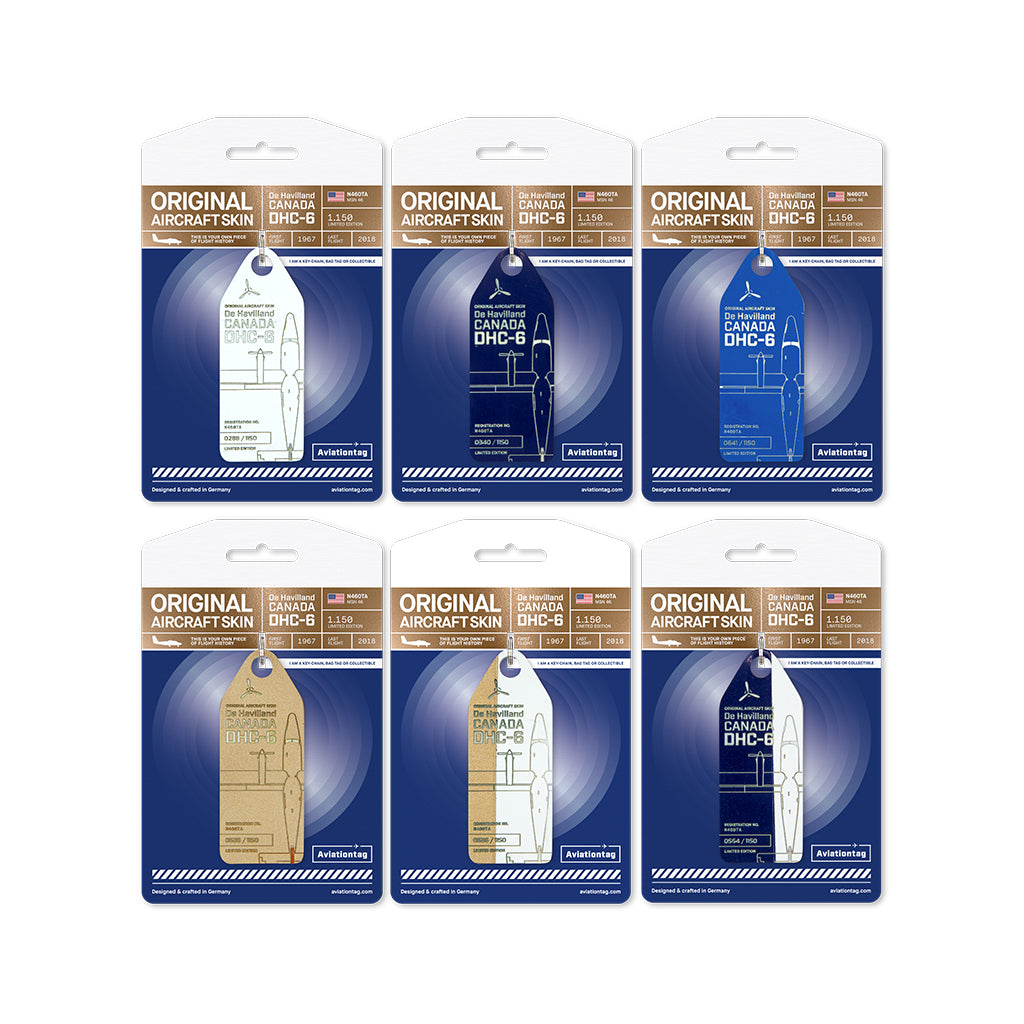 Assorted colors of Aviationtag plane tags made from Twin Otter aircraft skin, collectible upcycled aircraft memorabilia