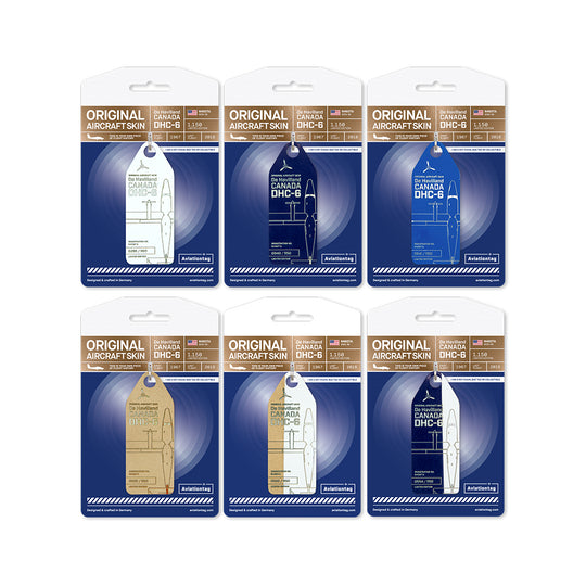 Assorted colors of Aviationtag plane tags made from Twin Otter aircraft skin, collectible upcycled aircraft memorabilia