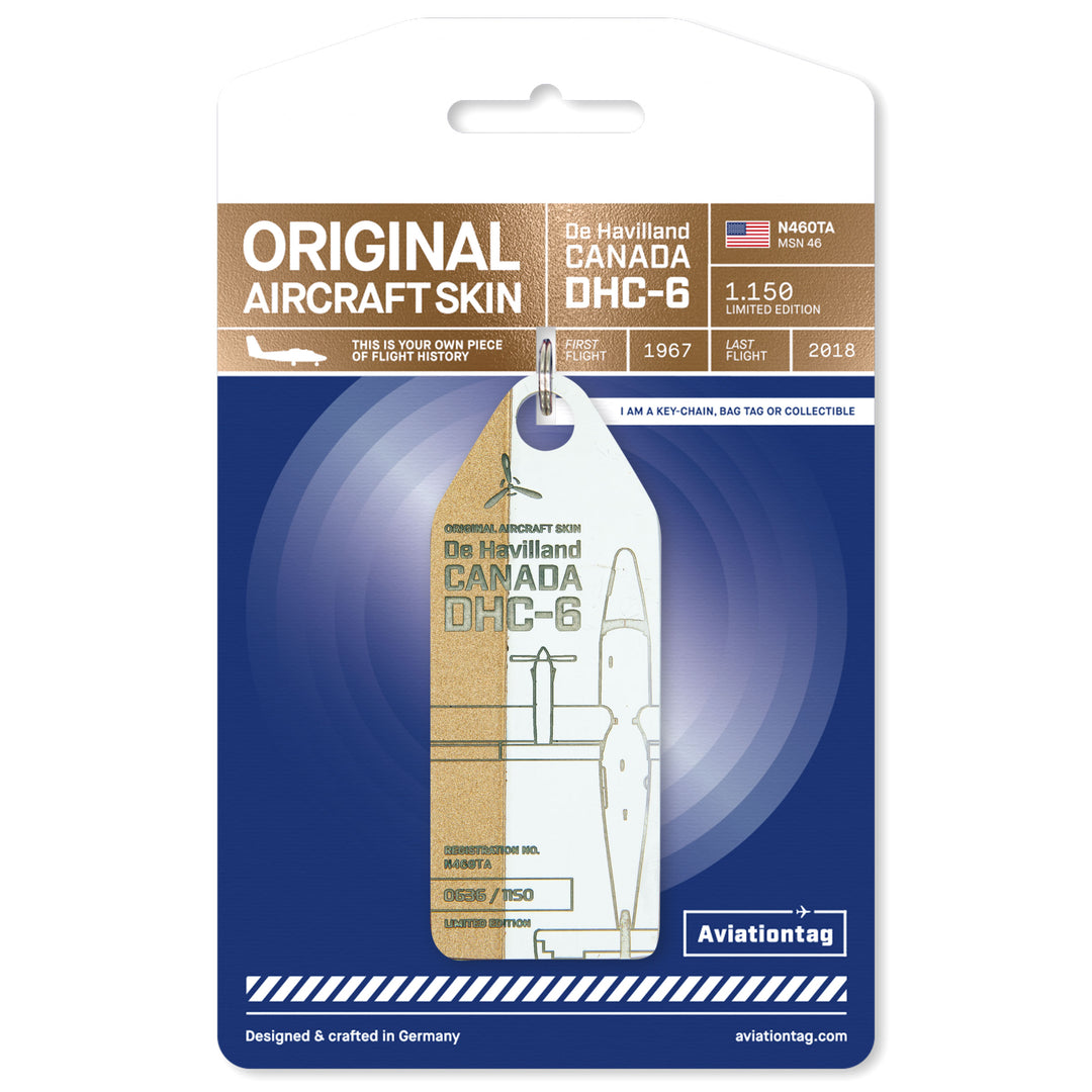 Gold and white bicolor Aviationtag Twin Otter tag with keyring, upcycled plane tag made from historic aircraft fuselage panel