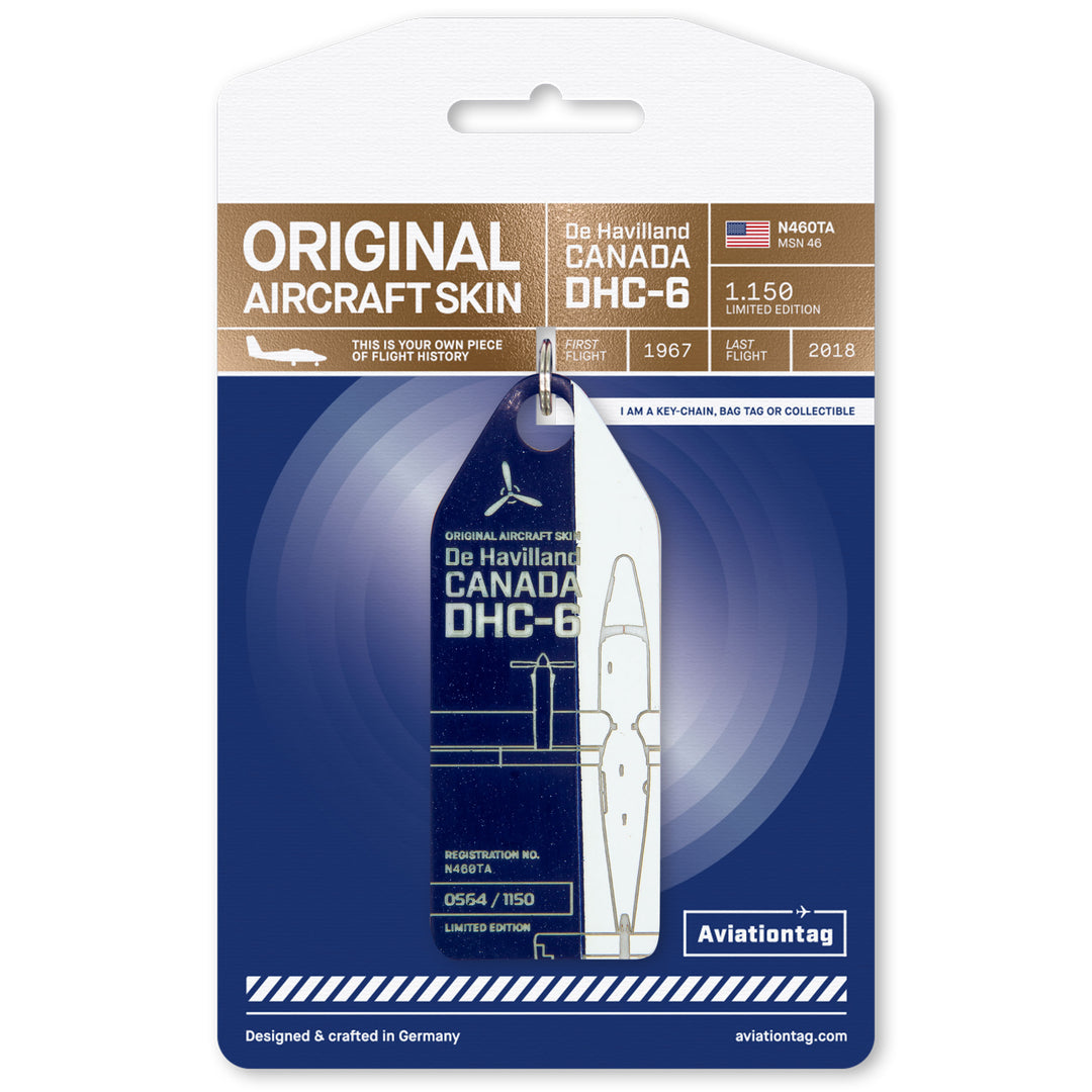 Front view of Aviationtag DHC-6 Twin Otter tag, made from original fuselage panel of historic aircraft, limited edition aircraft tag