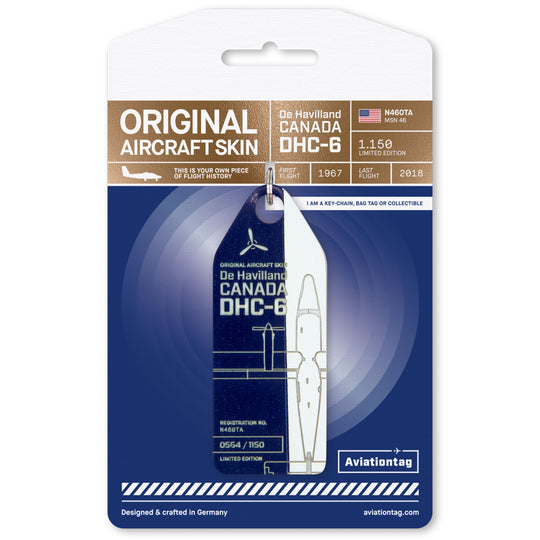 Front view of Aviationtag DHC-6 Twin Otter tag, made from original fuselage panel of historic aircraft, limited edition aircraft tag