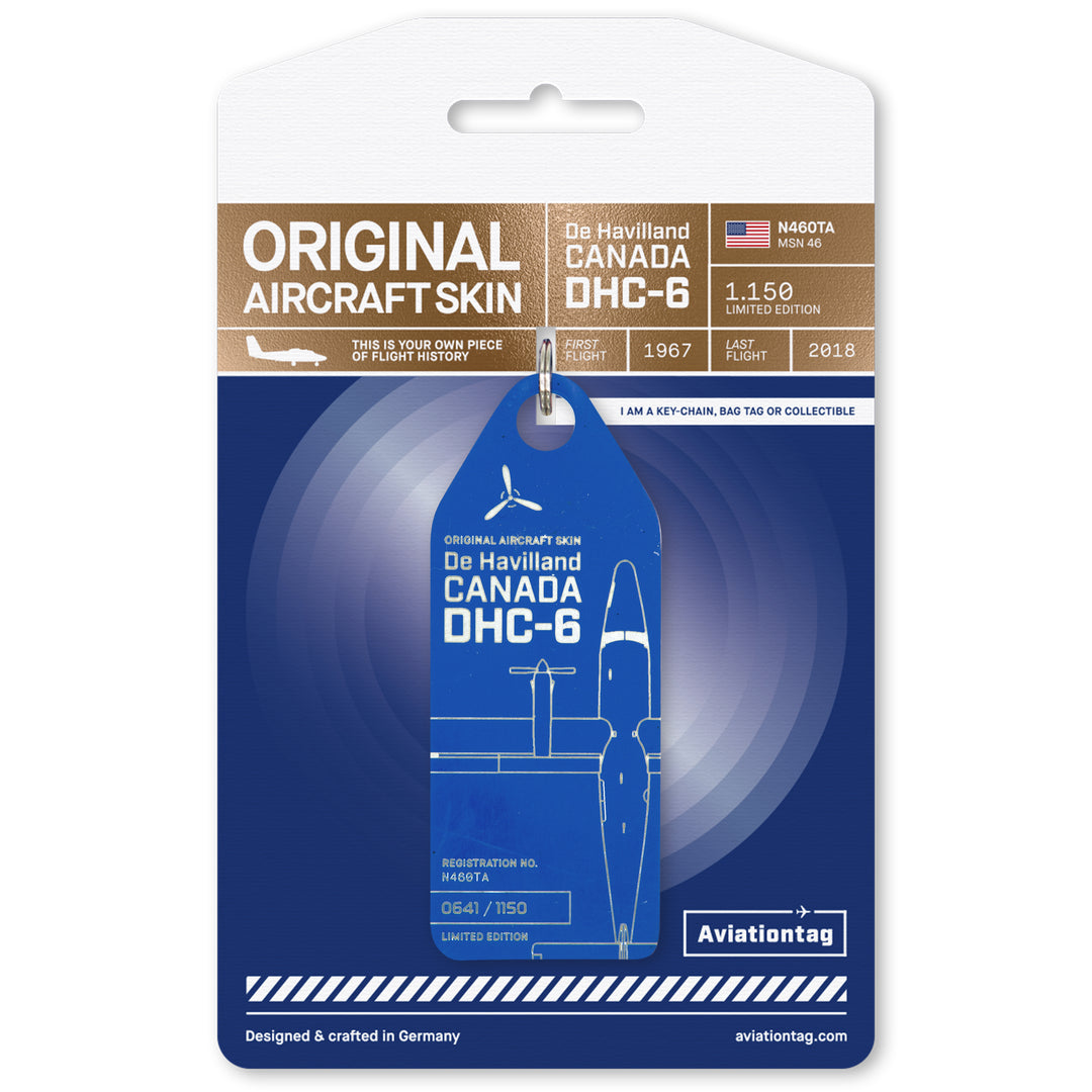 Front view of blue Aviationtag DHC-6 Twin Otter tag, made from original fuselage panel of historic aircraft, limited edition aircraft tag