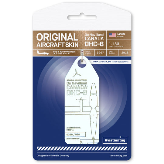 Total view of Aviationtag DHC-6 Twin Otter tag, made from original fuselage panel of historic aircraft, limited edition aircraft tag with cardboard