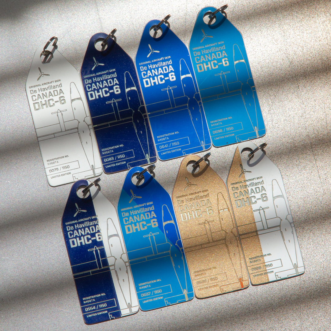 Assorted colors of Aviationtag plane tags made from DHC-6 Twin Otter aircraft skin, collectible upcycled aircraft memorabilia