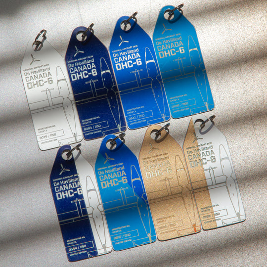 Assorted colors of Aviationtag plane tags made from DHC-6 Twin Otter aircraft skin, collectible upcycled aircraft memorabilia