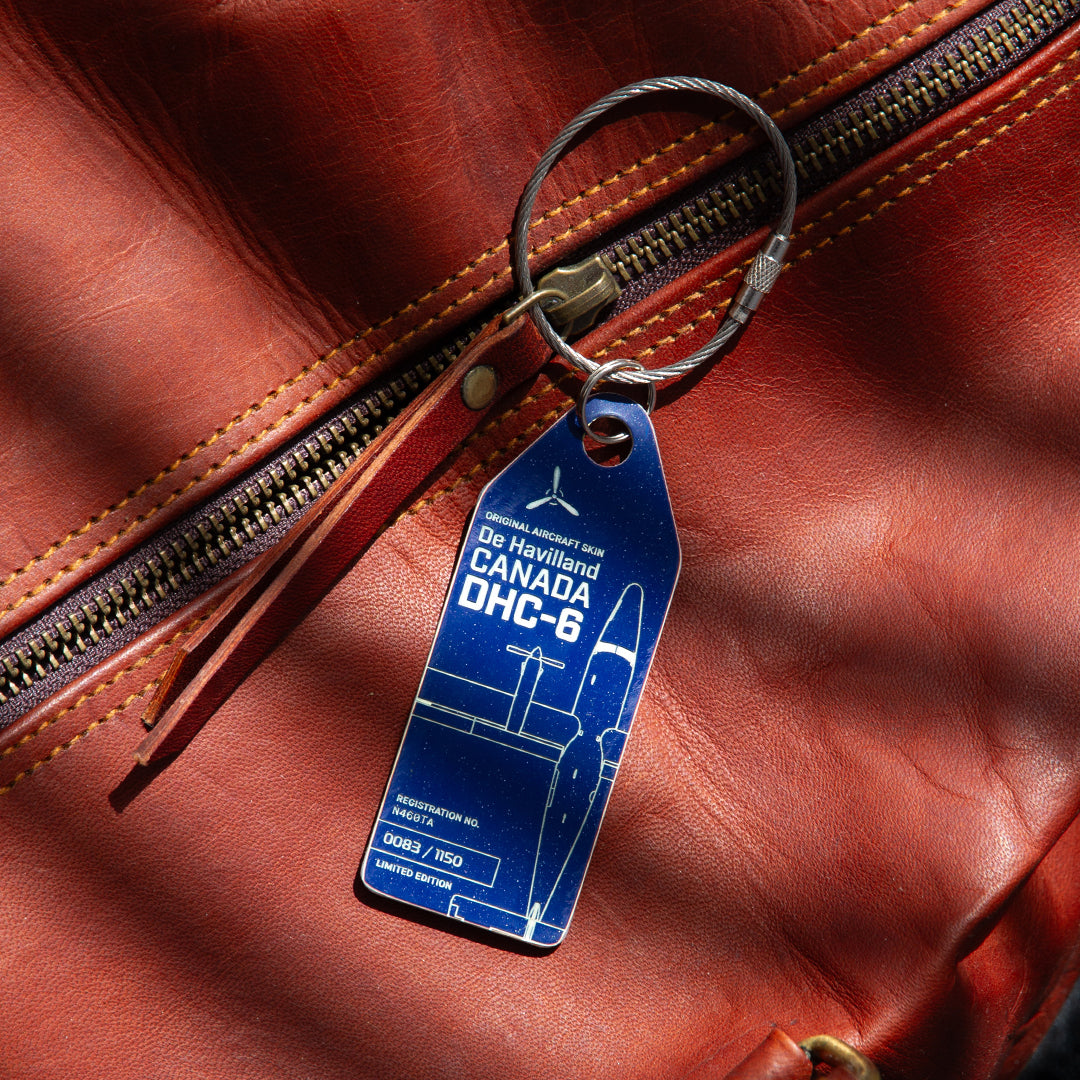 Aviationtag Twin Otter tag used as a travel accessory and bag tag, made from original airplane skin, collectible aviation memorabilia