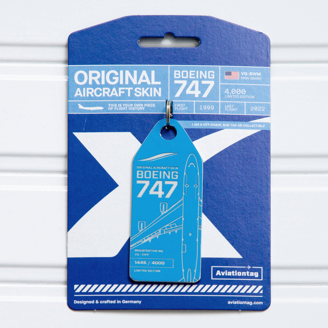 Aviationtag Boeing 747 VQ-BWM / PH-BFV Edition aircraft tags ex-KLM and JetOneX- Light blue plane tag mood photo  2