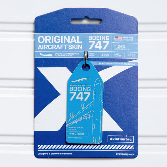 Aviationtag Boeing 747 VQ-BWM / PH-BFV Edition aircraft tags ex-KLM and JetOneX- Light blue plane tag mood photo  2