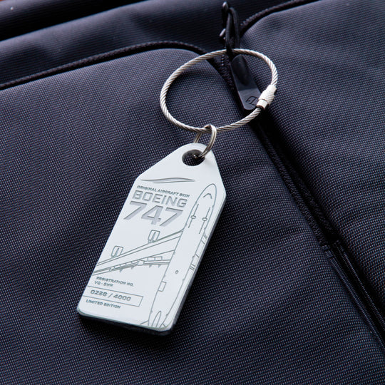 Aviationtag Boeing 747 VQ-BWM / PH-BFV Edition aircraft tags ex-KLM and JetOneX- White plane tag mood on bag