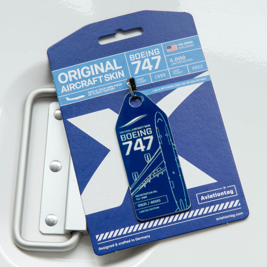 Aviationtag Boeing 747 VQ-BWM / PH-BFV Edition aircraft tags ex-KLM and JetOneX- Dark blue plane tag mood photo