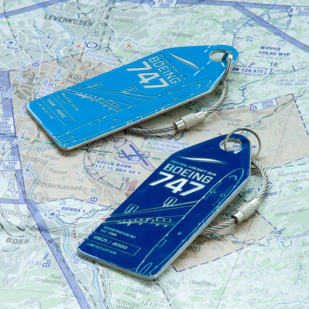 Aviationtag Boeing 747 VQ-BWM / PH-BFV Edition aircraft tags ex-KLM and JetOneX- Light blue and dark blue plane tag mood photo on a map