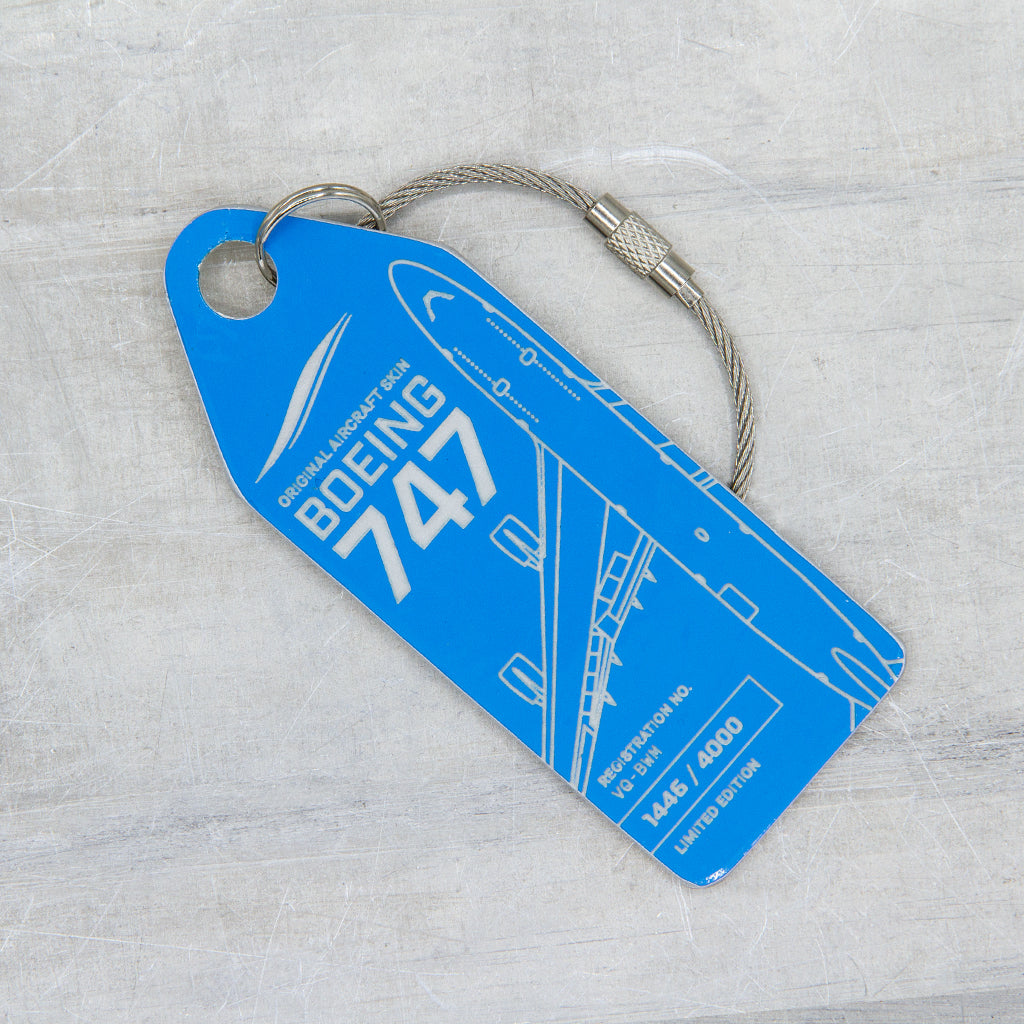 Aviationtag Boeing 747 VQ-BWM / PH-BFV Edition aircraft tags ex-KLM and JetOneX- Light blue plane tag on packaging
