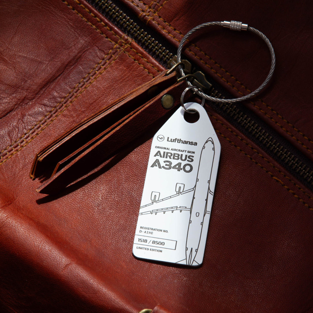 Aviationtag x Lufthansa Airbus A340-600 D-AIHE Leverkusen aircraft tag edition- mood photo of plane tag on bag