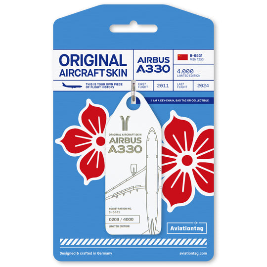 Aviationtag made from China Southern Airbus A330-200 B-6531 fuselage – upcycled aircraft skin, limited edition plane tag, aviation memorabilia. White aircraft tag with cardboard
