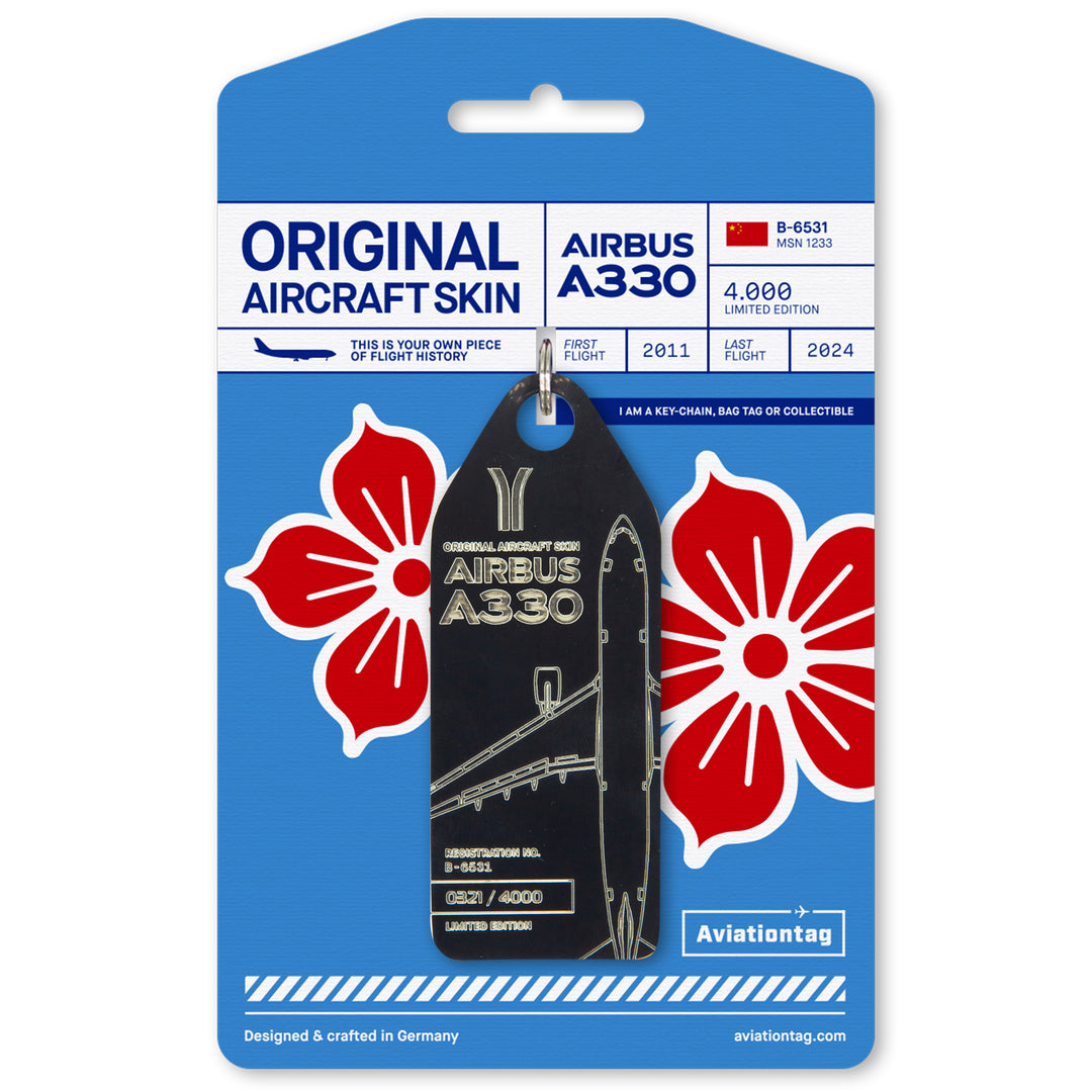 Aviationtag made from China Southern Airbus A330-200 B-6531 fuselage – upcycled aircraft skin, limited edition plane tag, aviation memorabilia. Black aircraft tag with cardboard packaging.