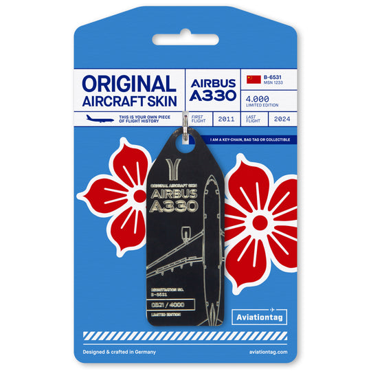 Aviationtag made from China Southern Airbus A330-200 B-6531 fuselage – upcycled aircraft skin, limited edition plane tag, aviation memorabilia. Black aircraft tag with cardboard packaging.