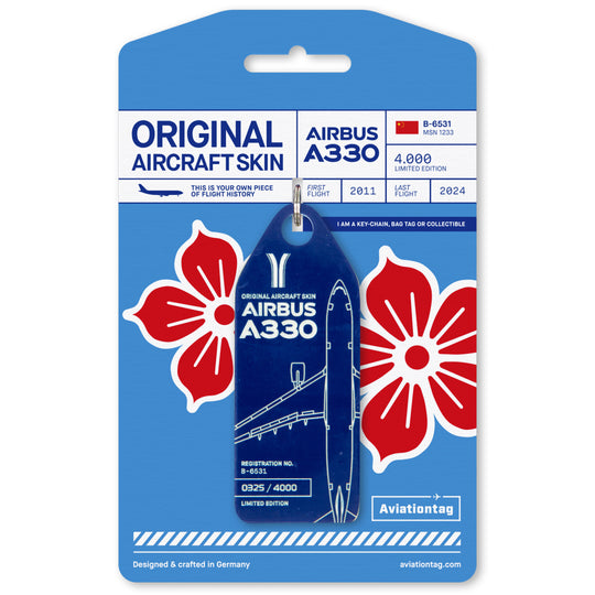 Aviationtag made from China Southern Airbus A330-200 B-6531 fuselage – upcycled aircraft skin, limited edition plane tag, aviation memorabilia. Dark blue aircraft tag with packaging