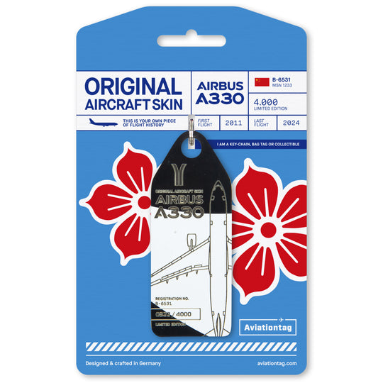 Aviationtag made from China Southern Airbus A330-200 B-6531 fuselage – upcycled aircraft skin, limited edition plane tag, aviation memorabilia. Black and white aircraft tag