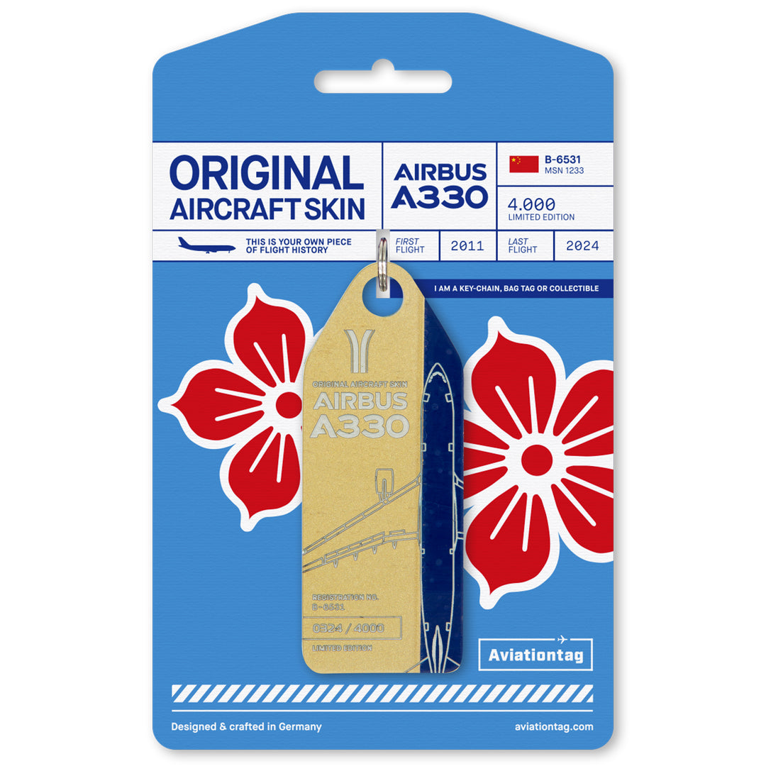 Aviationtag made from China Southern Airbus A330-200 B-6531 fuselage – upcycled aircraft skin, limited edition plane tag, aviation memorabilia. Glod and blue aircraft tag with packaging