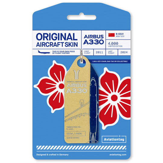 Aviationtag made from China Southern Airbus A330-200 B-6531 fuselage – upcycled aircraft skin, limited edition plane tag, aviation memorabilia. Glod and blue aircraft tag with packaging