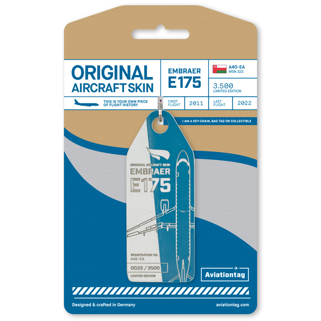 Aviationtag Embraer E175 A4O-EA Oman Air aircraft tag edition -petrole / silver bicolored tag on packaging
