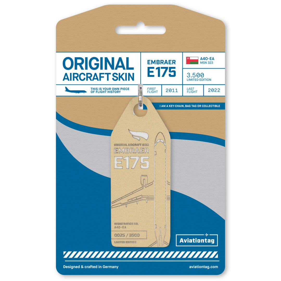 Aviationtag Embraer E175 A4O-EA Oman Air aircraft tag edition - gold plane tag with its packaging