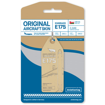 Aviationtag Embraer E175 A4O-EA Oman Air aircraft tag edition - gold plane tag with its packaging