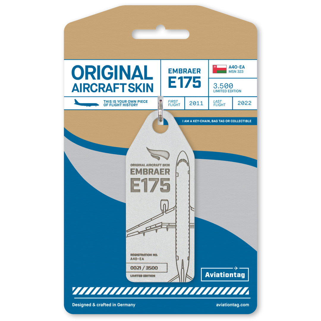 Aviationtag Embraer E175 A4O-EA Oman Air aircraft tag edition - silver plane tag on cardboard