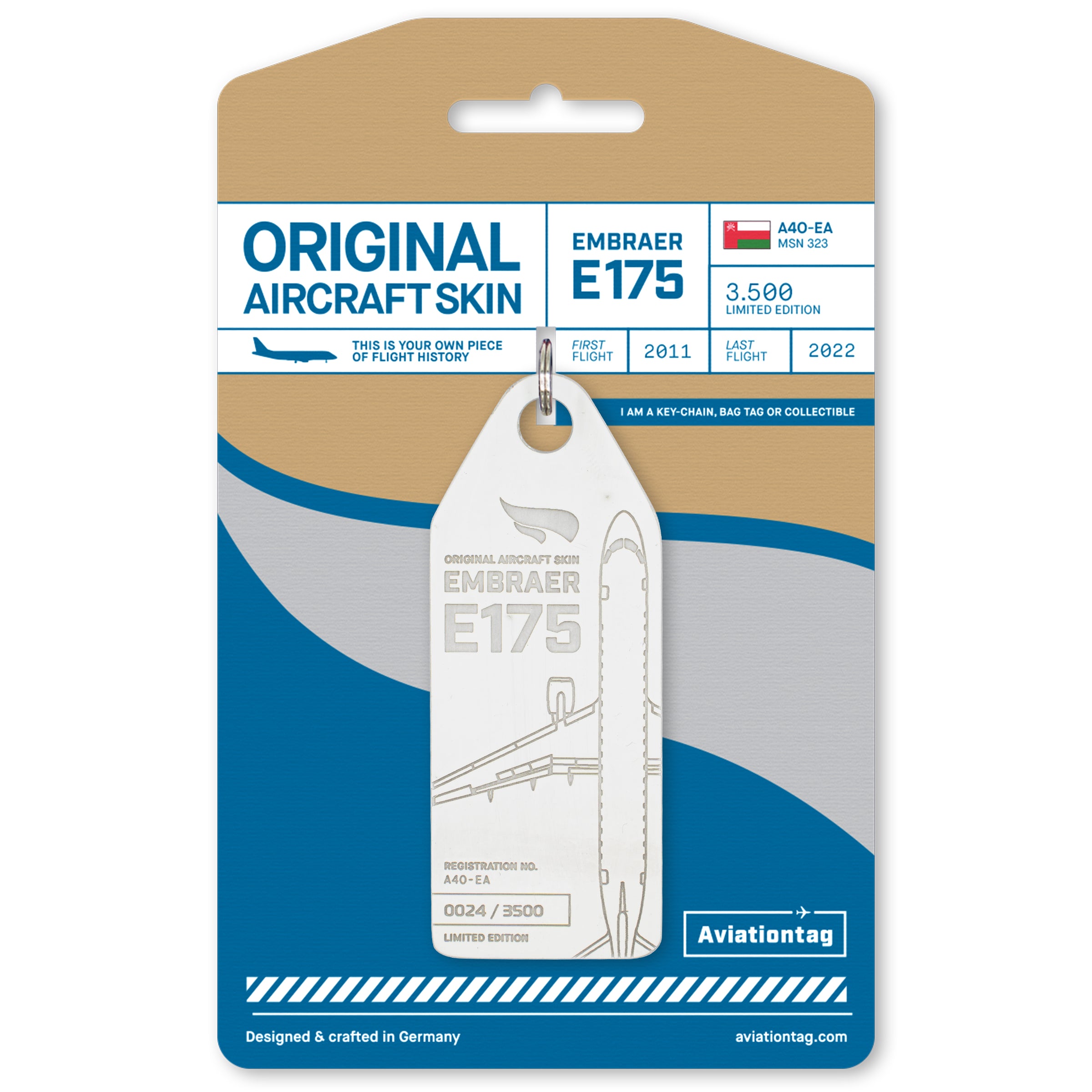 Aviationtag Embraer E175 A4O-EA Oman Air aircraft tag edition - white plane tag on its packaging 