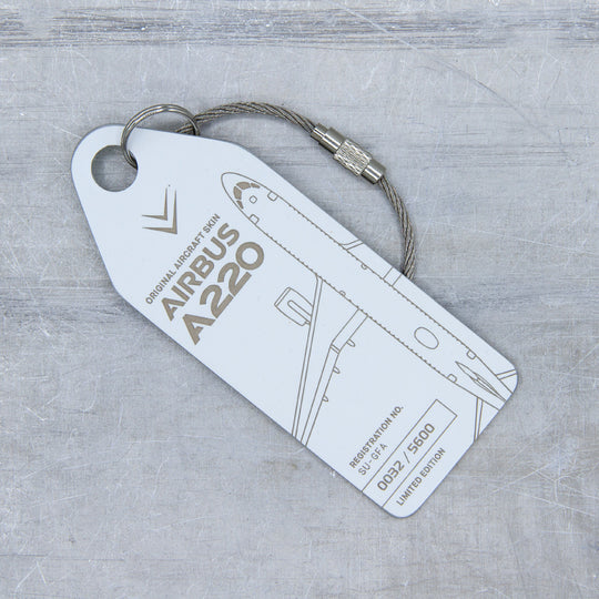 Aviationtag Airbus A220 SU-GFA Edition ex-Egypt Air - White aircraft tag close up