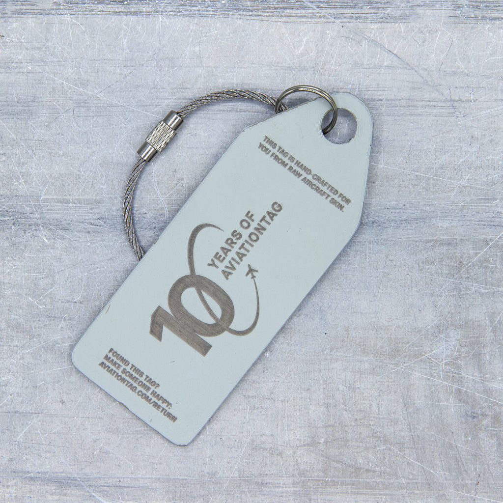 10 Years of Aviationtag - Airbus A318 YR-ASA aircraft tag edition ex Tarom. Image shows the backside of the plane tag with the 10 years anniversary logo