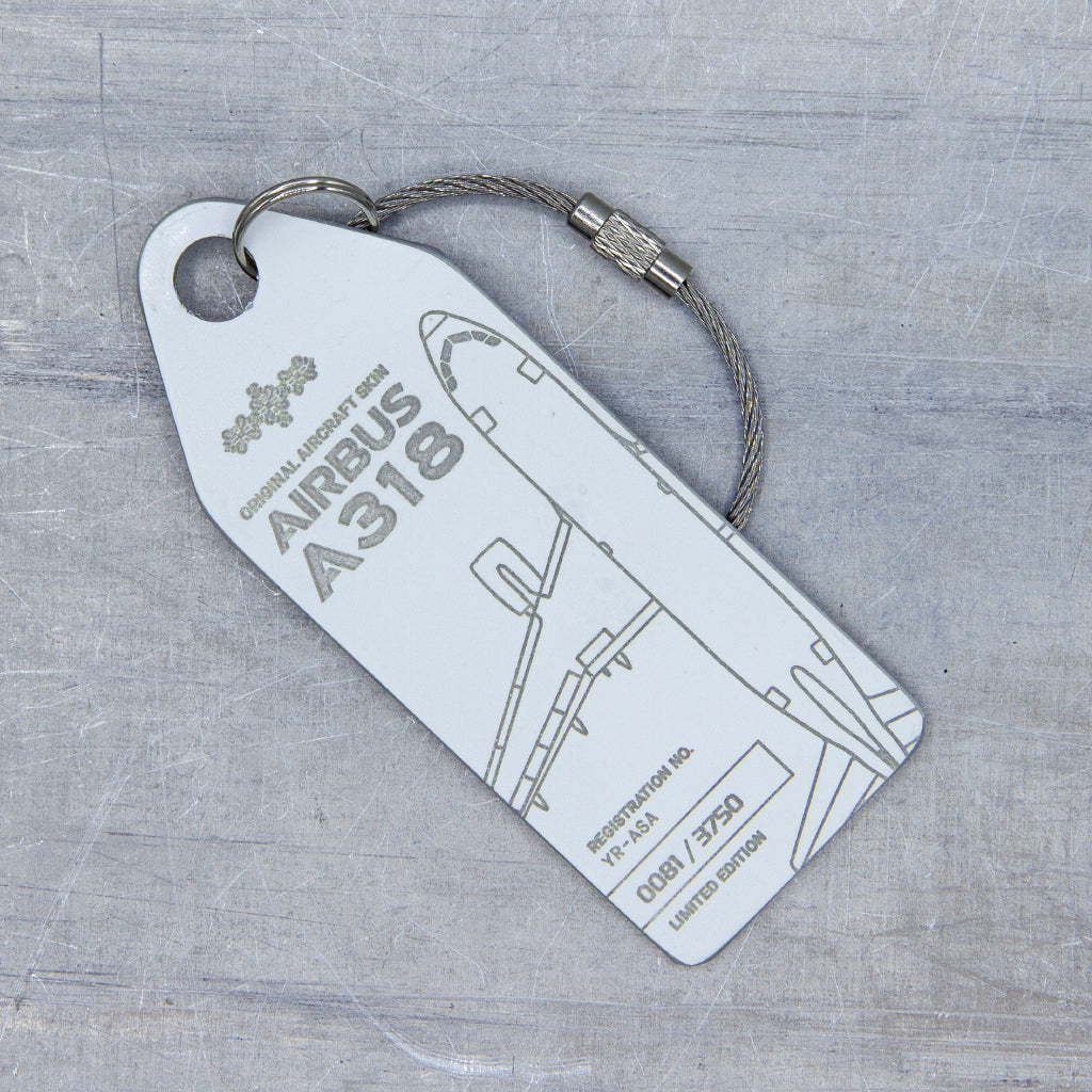 10 Years of Aviationtag - Airbus A318 YR-ASA aircraft tag edition ex Tarom. Image shows the white tag in a close up