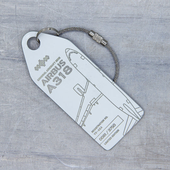 10 Years of Aviationtag - Airbus A318 YR-ASA aircraft tag edition ex Tarom. Image shows the white tag in a close up